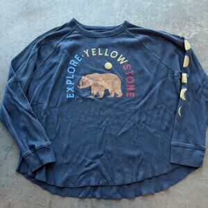 Vintage Y2k Nature Bear Yellowstone Waffle Knit Longsleeve Navy Tee PXXL